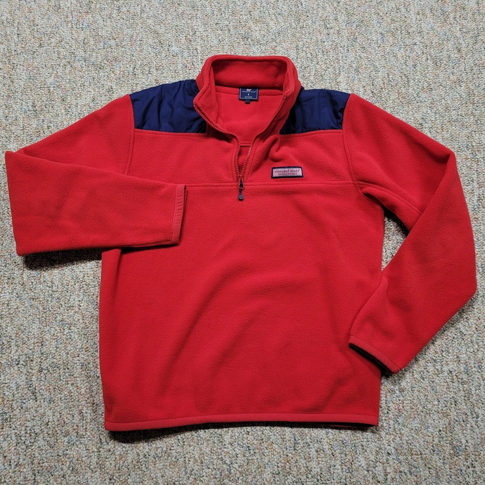 Vineyard Vines Fleece Pullover Mens Small Red Fleece Quarter Zip Colorblock